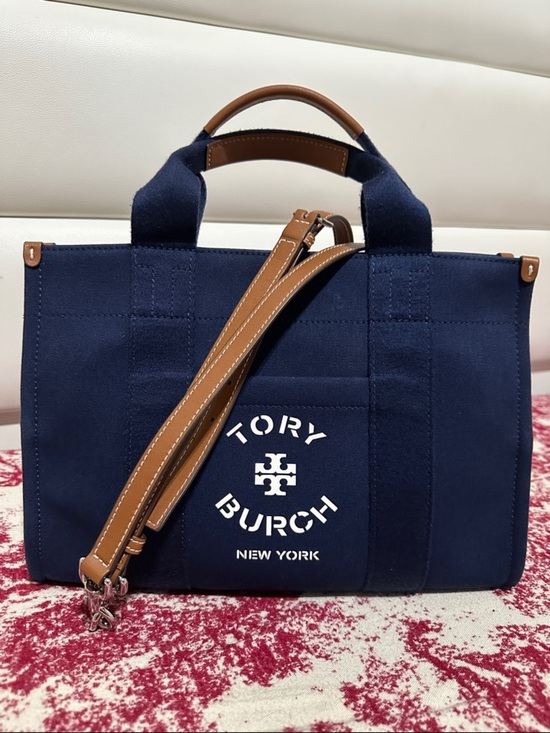 Tory Burch Handbags - Tory Burch Navy Canvas 2-Way Bag with Tan Leather Trim